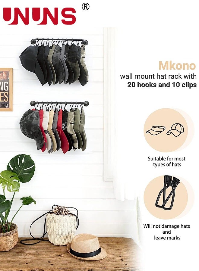 Hat Rack,2 Pack Cap Organizer Hanger Hanger With 20 Hooks,Wall-Mounted Caps Display For Closet Door Bedroom Entryroom Laundry,Black