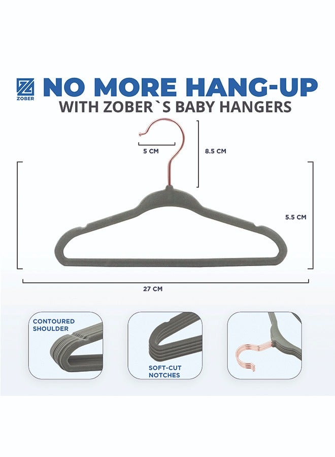 ZOBER Non Slip Rose Gold Hook Baby Velvet Hangers for Closet Toddler Hangers for Shirts, Pants & Dresses | Swivel Hook - Durable Infant Hangers w/Notches (30 PACK, Grey)