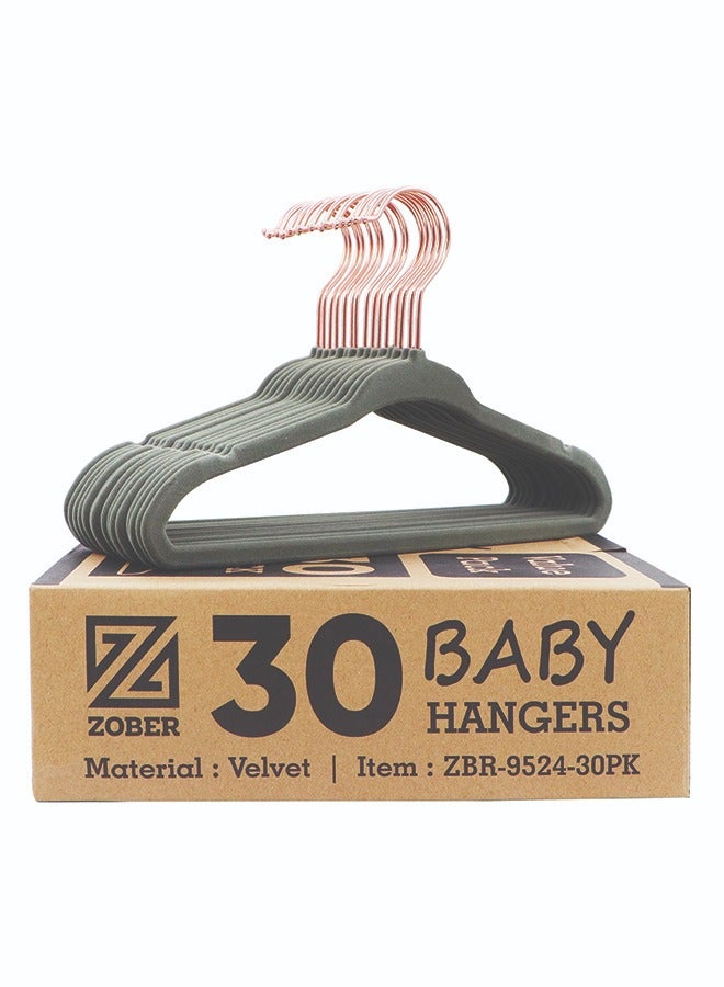 ZOBER Non Slip Rose Gold Hook Baby Velvet Hangers for Closet Toddler Hangers for Shirts, Pants & Dresses | Swivel Hook - Durable Infant Hangers w/Notches (30 PACK, Grey)