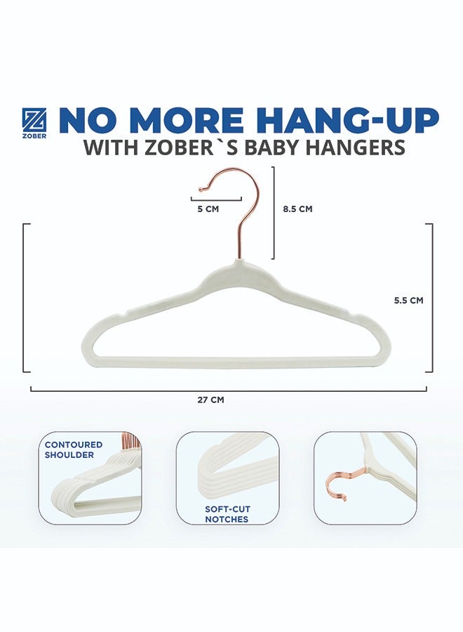 ZOBER Non Slip Rose Gold Hook Baby Velvet Hangers for Closet Toddler Hangers for Shirts, Pants & Daresses | Swivel Hook - Durable Infant Hangers w/Notches (30 PACK, Beige)