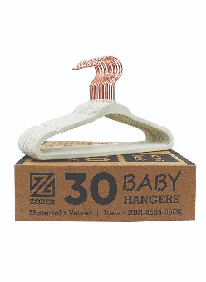 ZOBER Non Slip Rose Gold Hook Baby Velvet Hangers for Closet Toddler Hangers for Shirts, Pants & Daresses | Swivel Hook - Durable Infant Hangers w/Notches (30 PACK, Beige)