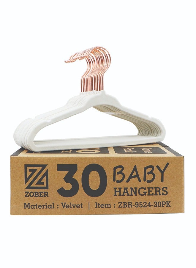 ZOBER Non Slip Rose Gold Hook Baby Velvet Hangers for Closet Toddler Hangers for Shirts, Pants & Dresses | Swivel Hook - Durable Infant Hangers w/Notches (30 PACK, White)