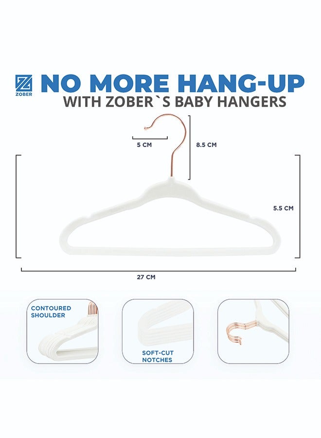 ZOBER Non Slip Rose Gold Hook Baby Velvet Hangers for Closet Toddler Hangers for Shirts, Pants & Dresses | Swivel Hook - Durable Infant Hangers w/Notches (30 PACK, White)