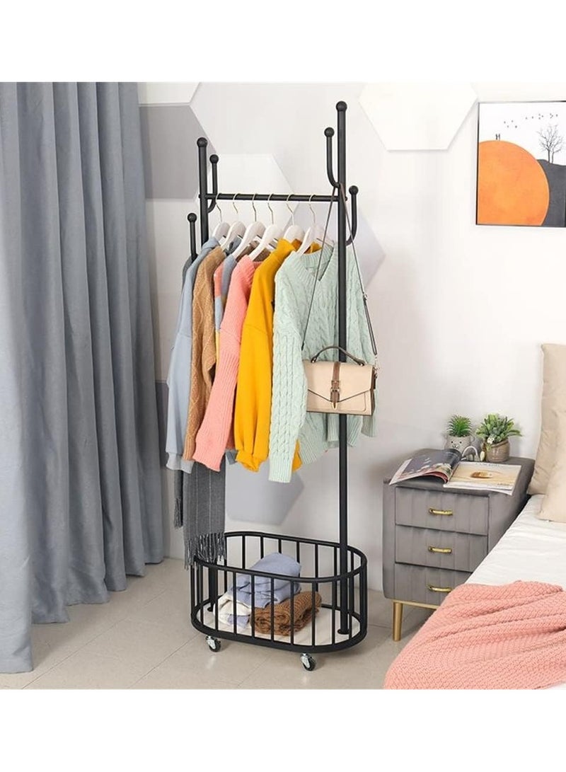 Clothing Rack Clothes Organizer Rack Floor Standing Clothes Rack with Wheels 4 Hooks and Storage Baskets for Home(Black)