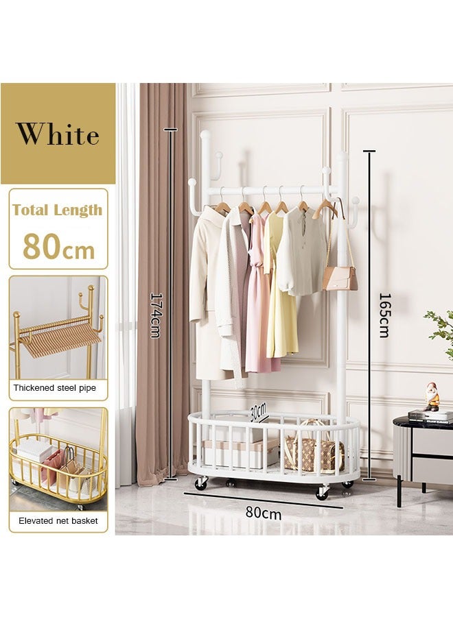 Clothing Rack Clothes Organizer Rack Floor Standing Clothes Rack with Wheels 4 Hooks and Storage Baskets for Home(White)