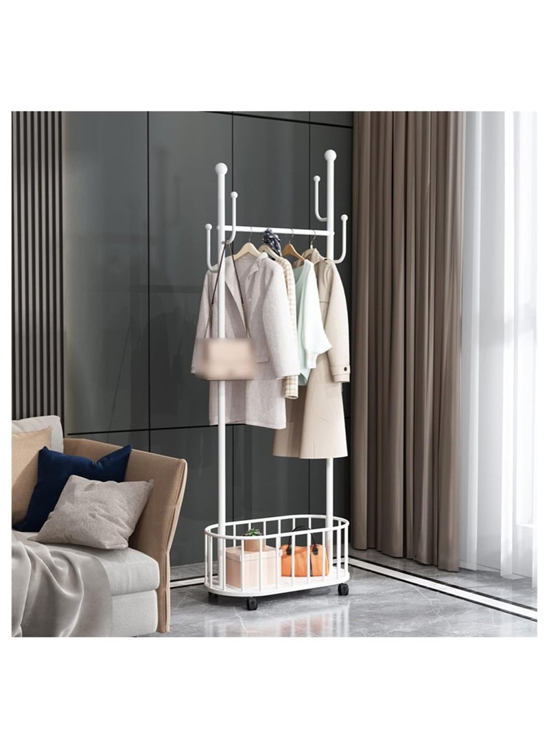 Clothing Rack Clothes Organizer Rack Floor Standing Clothes Rack with Wheels 4 Hooks and Storage Baskets for Home(White)