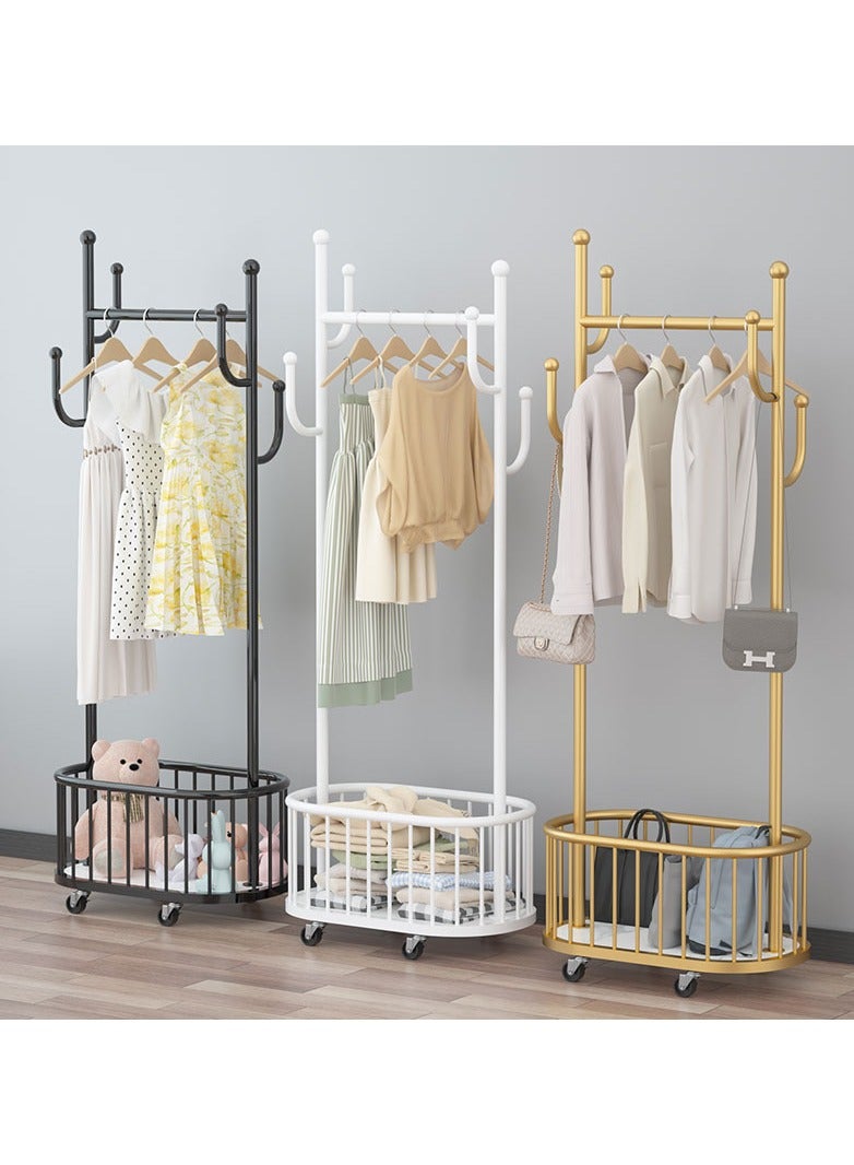 Clothing Rack Clothes Organizer Rack Floor Standing Clothes Rack with Wheels 4 Hooks and Storage Baskets for Home(White)