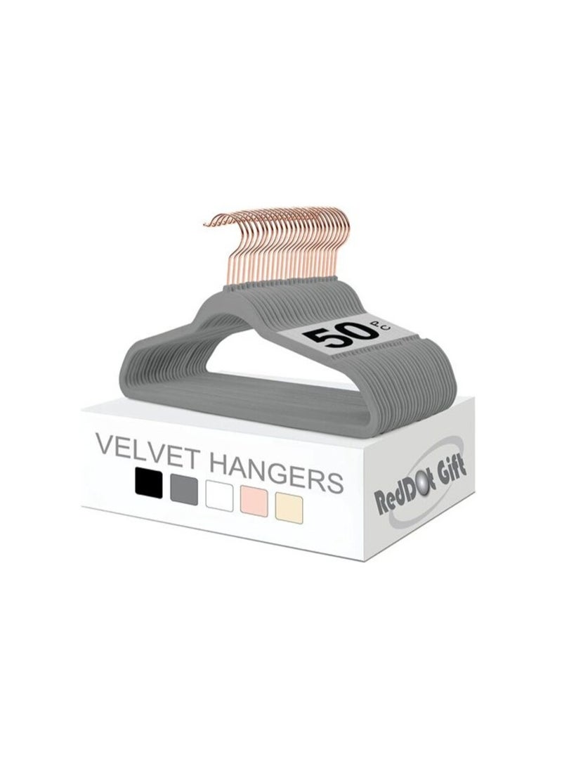 Red Dot Gift 50-Pack Grey 45cm Non-Slip Velvet Hangers & Rose Golden 360 Degree Rotatable Hook - Durable & Slim - Non Slip Hangers For Coat Hangers - Pant Hangers (Grey, 50)