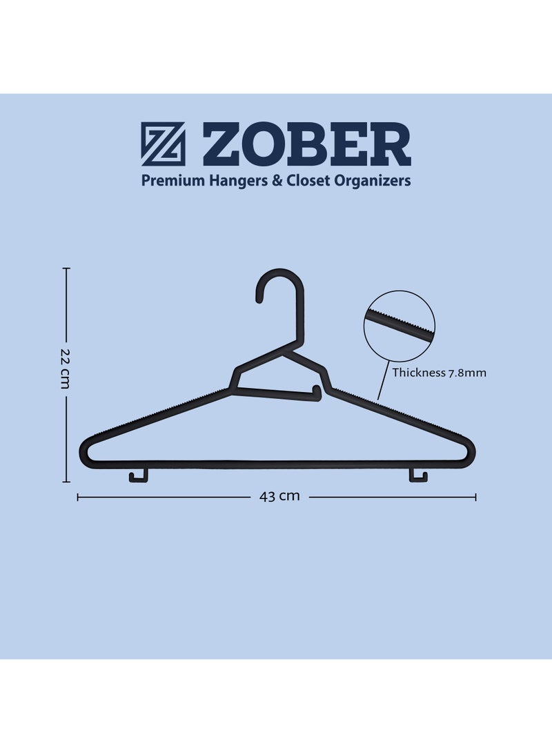 ZOBER Heavy Plastic Hangers with Strap Hooks, Non slip, Durable & Slim, Light-Weight | Clothes Hangers For Coats, Jackets & Pants, Shirts, Dresses | Hangs upto 10lbs (BLACK, 30 PACK)