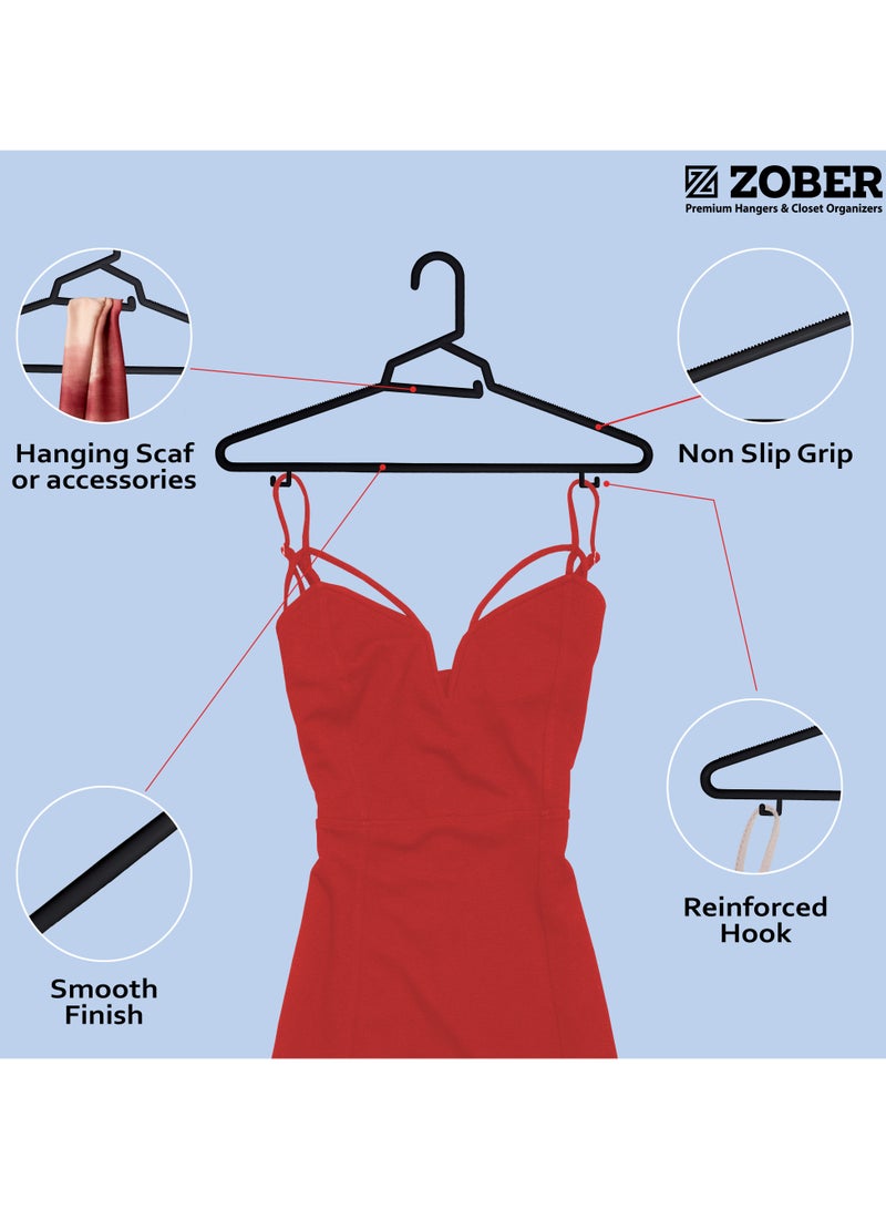 ZOBER Heavy Plastic Hangers with Strap Hooks, Non slip, Durable & Slim, Light-Weight | Clothes Hangers For Coats, Jackets & Pants, Shirts, Dresses | Hangs upto 10lbs (BLACK, 30 PACK)