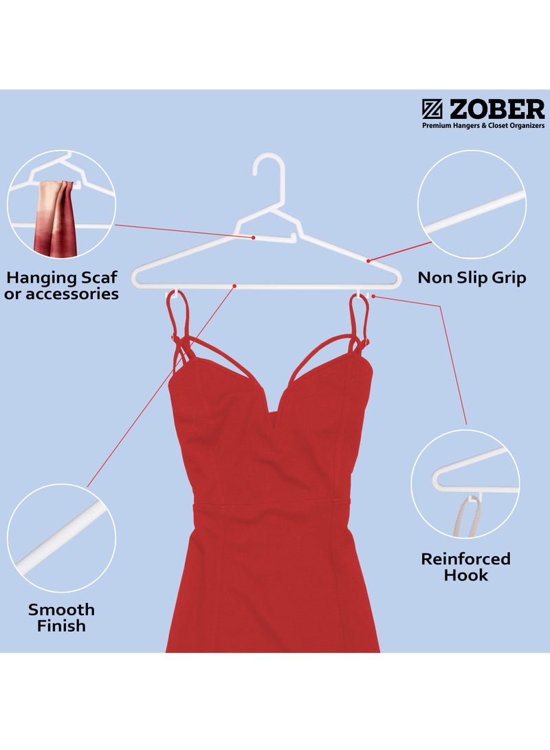 ZOBER Heavy Plastic Hangers with Strap Hooks, Non slip, Durable & Slim, Light-Weight | Clothes Hangers For Coats, Jackets & Pants, Shirts, Dresses | Hangs upto 10lbs (WHITE, 30 PACK)