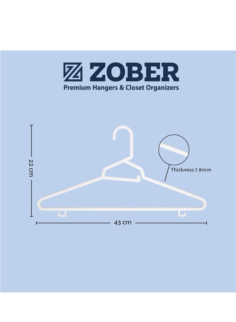 ZOBER Heavy Plastic Hangers with Strap Hooks, Non slip, Durable & Slim, Light-Weight | Clothes Hangers For Coats, Jackets & Pants, Shirts, Dresses | Hangs upto 10lbs (WHITE, 30 PACK)