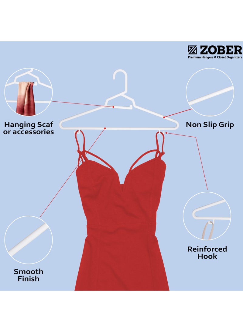 ZOBER Heavy Plastic Hangers with Strap Hooks, Non slip, Durable & Slim, Light-Weight | Clothes Hangers For Coats, Jackets & Pants, Shirts, Dresses | Hangs upto 10lbs (WHITE, 50 PACK)