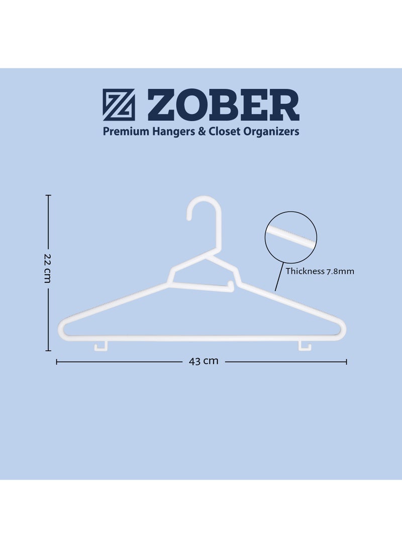 ZOBER Heavy Plastic Hangers with Strap Hooks, Non slip, Durable & Slim, Light-Weight | Clothes Hangers For Coats, Jackets & Pants, Shirts, Dresses | Hangs upto 10lbs (WHITE, 50 PACK)