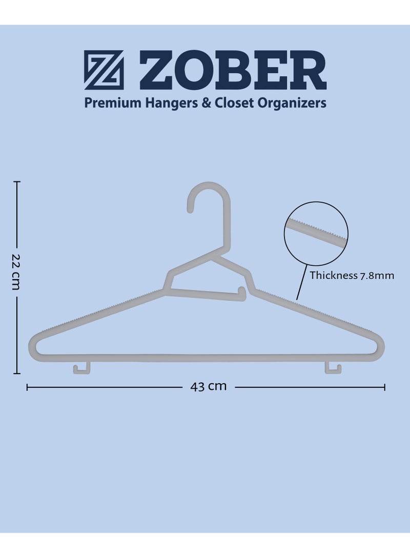 ZOBER Heavy Plastic Hangers with Strap Hooks, Non slip, Durable & Slim, Light-Weight | Clothes Hangers For Coats, Jackets & Pants, Shirts, Dresses | Hangs upto 10lbs (GREY, 50 PACK)