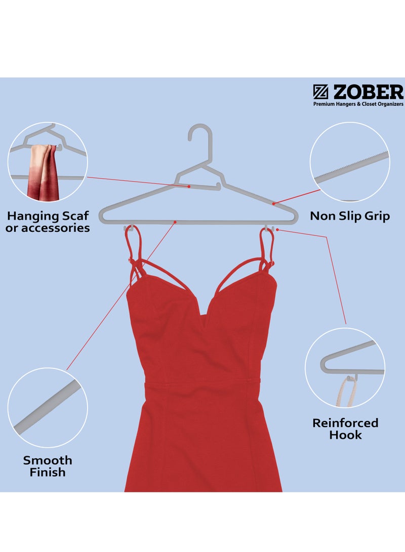 ZOBER Heavy Plastic Hangers with Strap Hooks, Non slip, Durable & Slim, Light-Weight | Clothes Hangers For Coats, Jackets & Pants, Shirts, Dresses | Hangs upto 10lbs (GREY, 50 PACK)