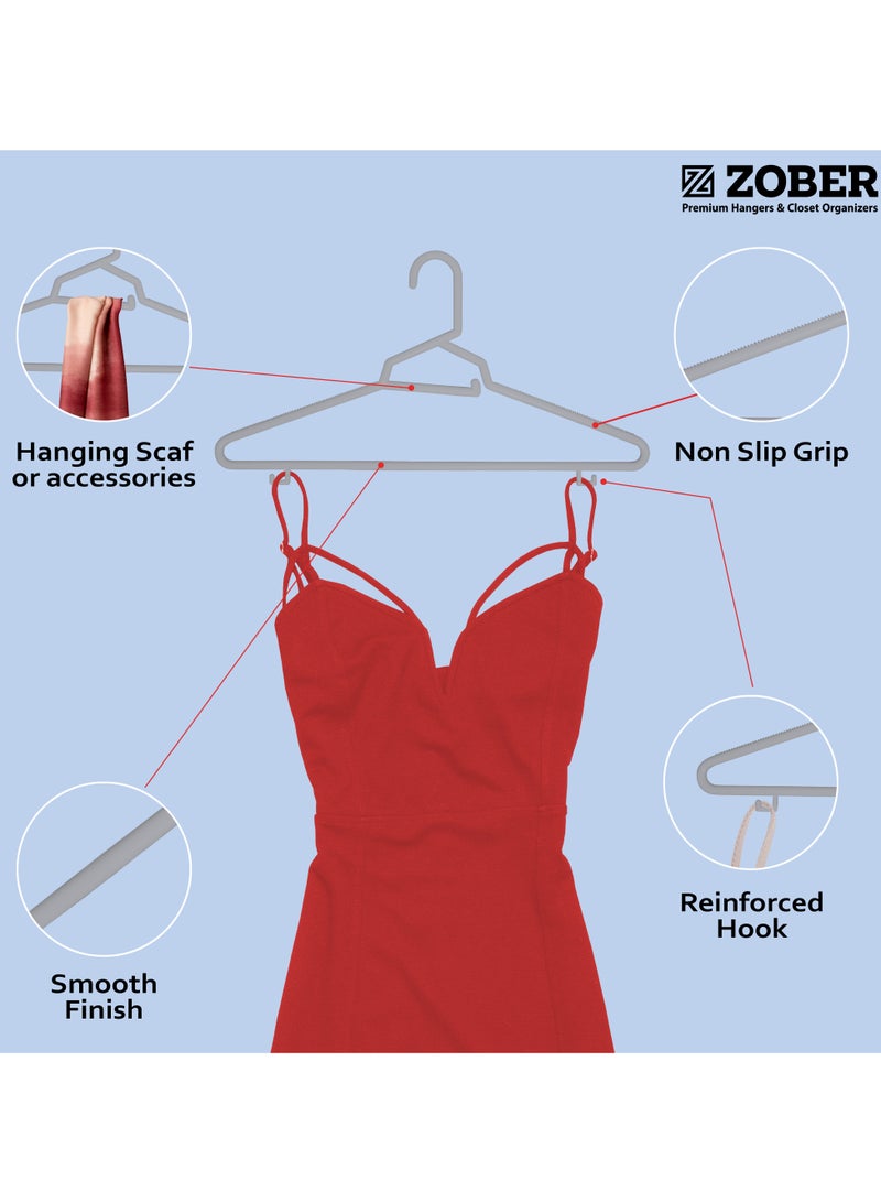 ZOBER Heavy Plastic Hangers with Strap Hooks, Non slip, Durable & Slim, Light-Weight | Clothes Hangers For Coats, Jackets & Pants, Shirts, Dresses | Hangs upto 10lbs (GREY, 100 PACK)