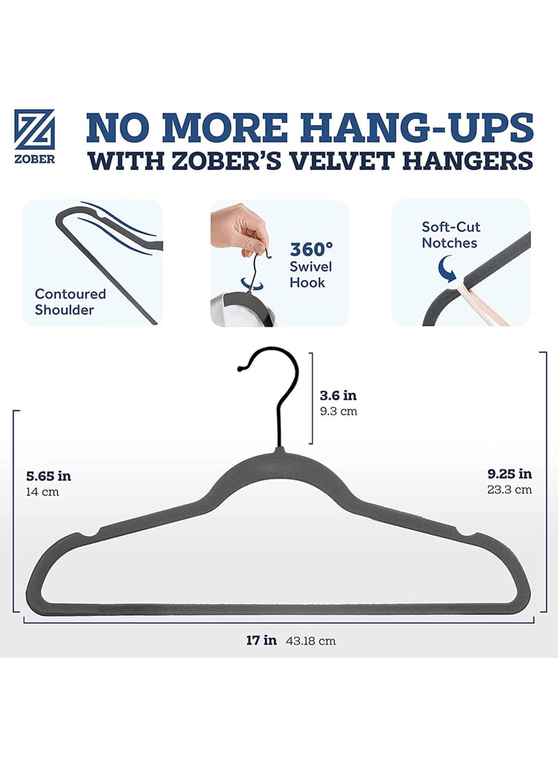 ZOBER Non-Slip Velvet Hangers With Black Hook - Space Saving 360° Swivel Hook Strong and Durable Clothes Hangers Hold Upto 10 Lbs, for Suits, Coats, Jackets, Pants, Dress Clothes (50 PACK, GREY)