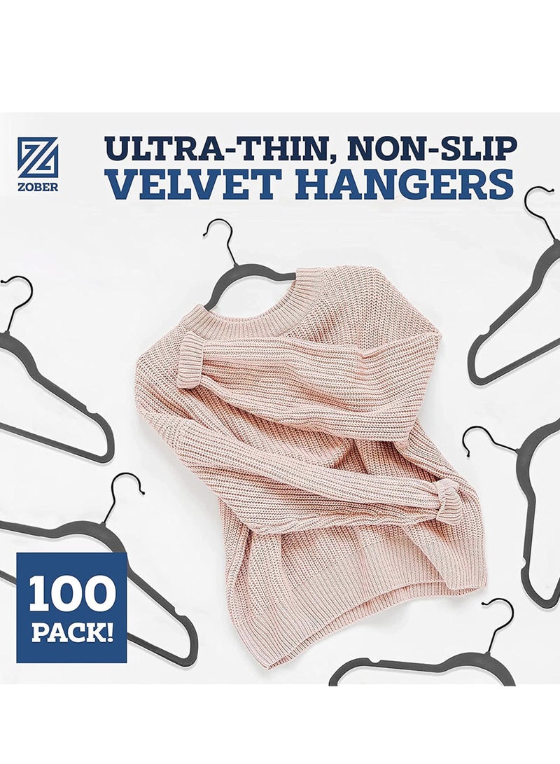 ZOBER Non-Slip Velvet Hangers With Black Hook - Space Saving 360° Swivel Hook Strong and Durable Clothes Hangers Hold Upto 10 Lbs, for Suits, Coats, Jackets, Pants, Dress Clothes (50 PACK, GREY)