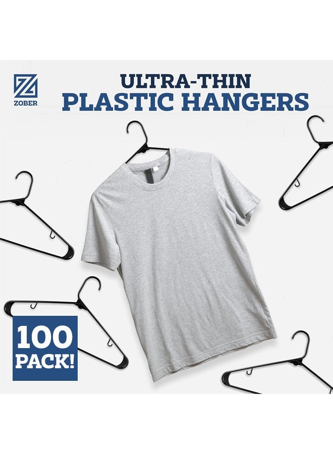 Zober Plastic Hangers 100 Pack - Black Plastic Hangers - Space Saving Clothes Hangers for Shirts, Pants & for Everyday Use - Clothing Hangers with Hooks