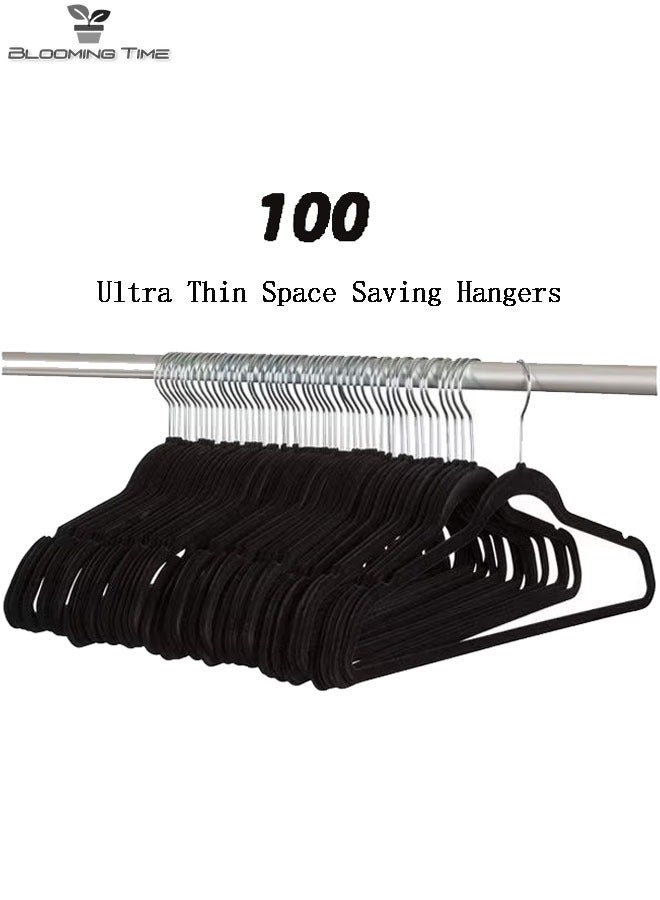 1 Set Of 100 Piece Velvet Non-Slip Hangers, Space-Saving, Black