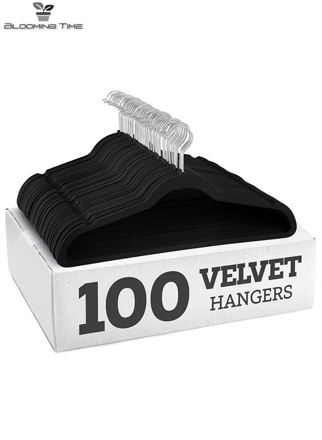 1 Set Of 100 Piece Velvet Non-Slip Hangers, Space-Saving, Black