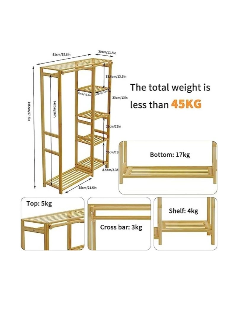 COOLBABY Bamboo Open Wardrobe Coat Rack Wooden Clothes Rod Hanger, Freestanding Wardrobe Storage Rack for Clothes and Shoes