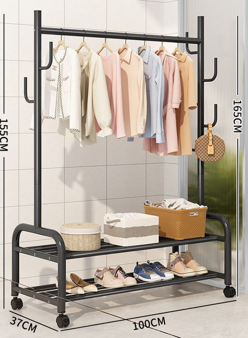 Metal Clothes Hanger Organizer and Black Clothes Stand with Wheels 165x100x37cm