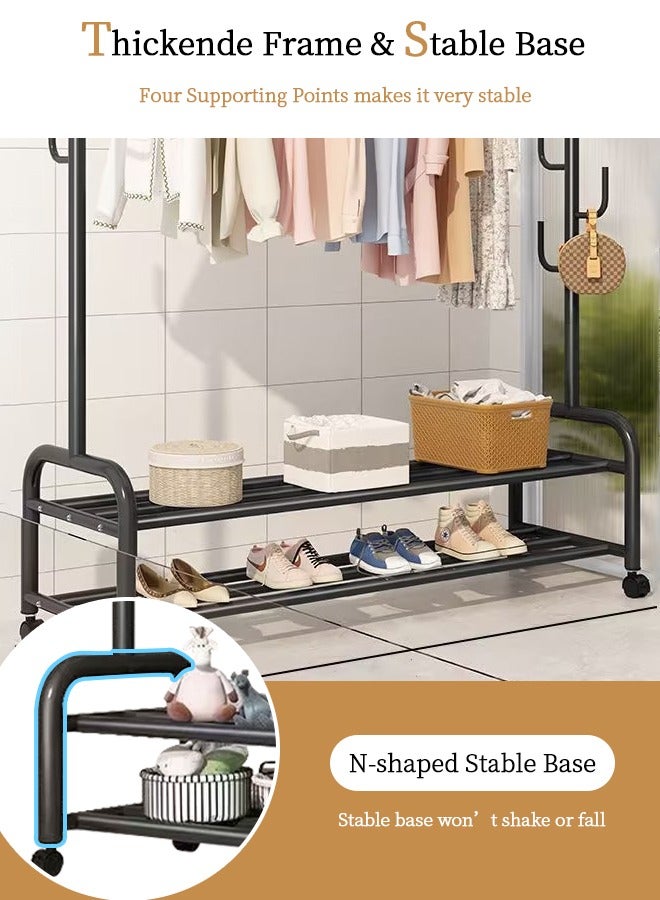 Metal Clothes Hanger Organizer and Black Clothes Stand with Wheels 165x100x37cm