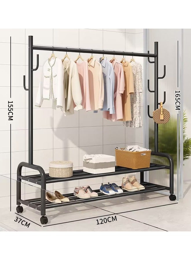 Metal Clothes Hanger Organizer and Black Clothes Stand with Wheels 165x120x37cm