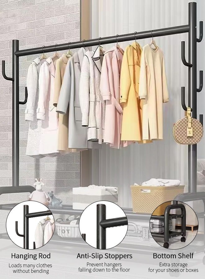 Metal Clothes Hanger Organizer and Black Clothes Stand with Wheels 165x120x37cm