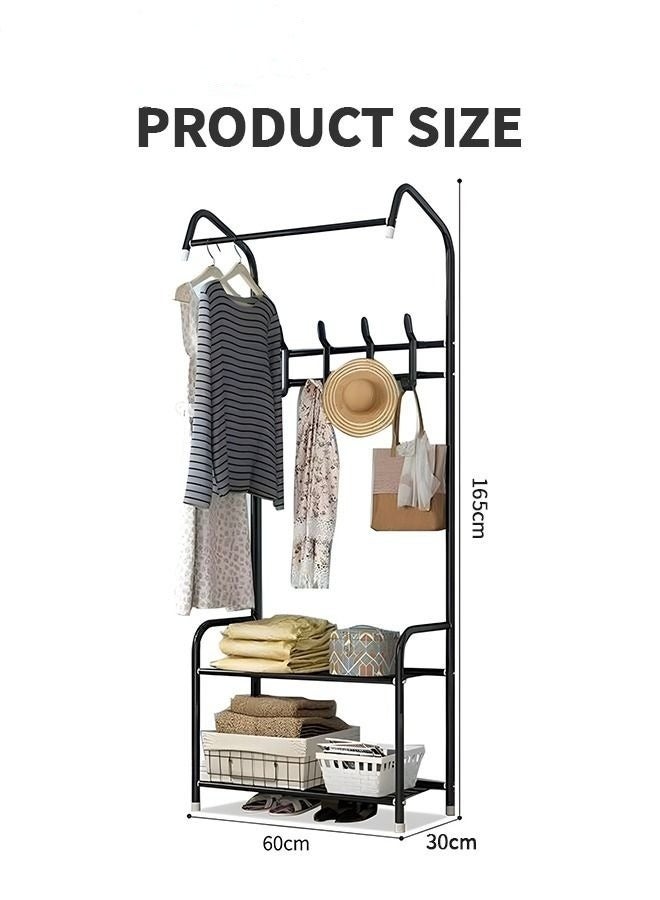 Freestanding Coat Rack with 2-Tier Shoe Rack - Lightweight Metal Organizer for Hall Tree, Apartment Bedroom, Dorm, and Entryway - Black