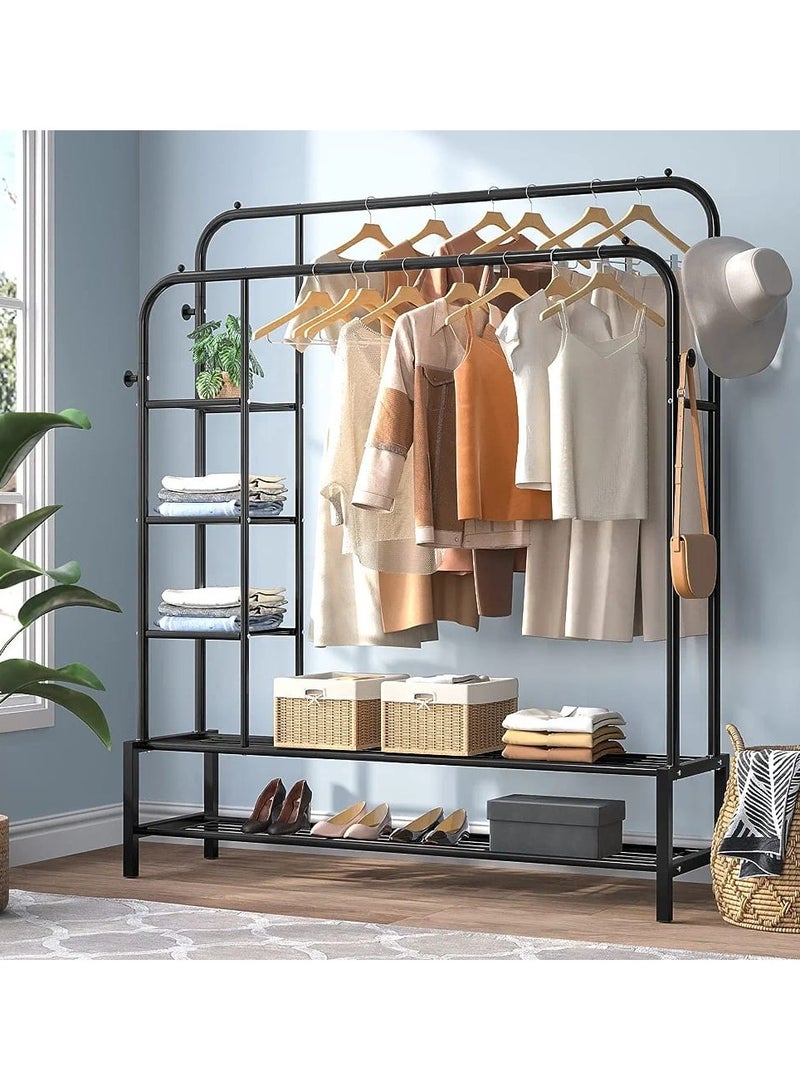 Clothes Rack with Shelves | Multipurpose Dual Rod + Wheel Garments Rack with Shelf Storage and Coat Hanger for Home, Storage Organizer 1 Pc