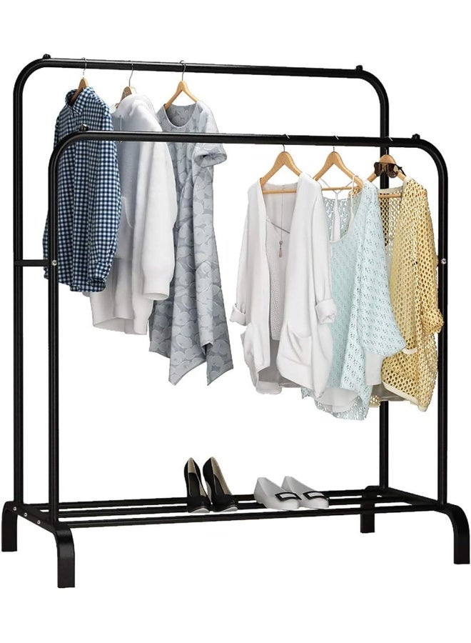 Garment Rack, Heavy Duty Clothes Rack with Storage Shelf & Double Clothes Rail Rod, Metal Clothes Hanger Rack for Hallway Bedroom (Black)