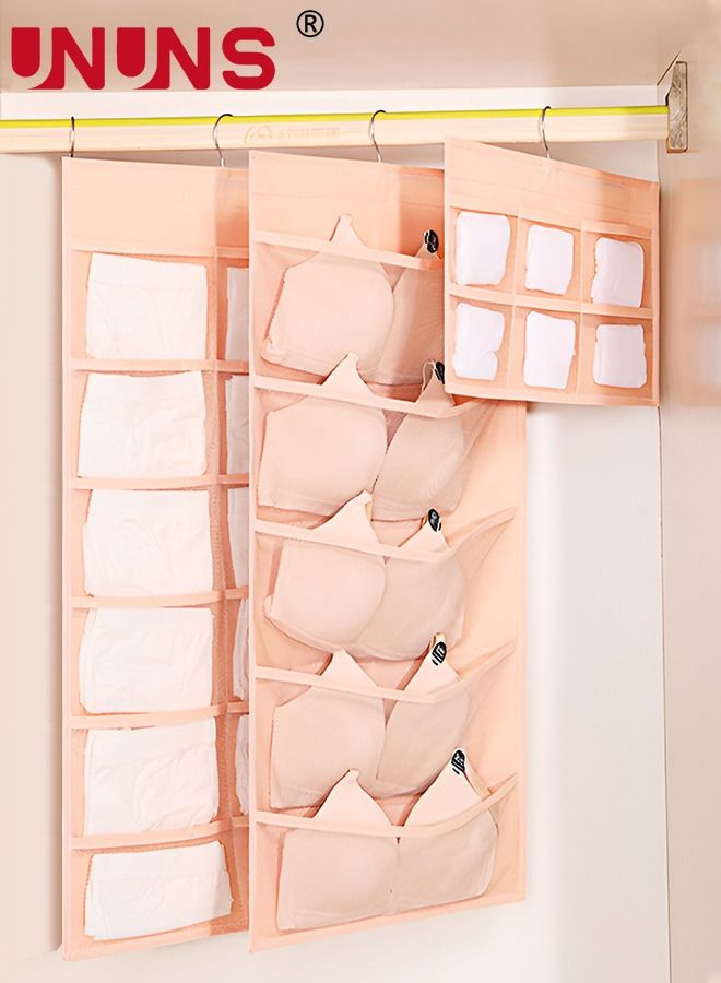 Hanging Closet Organizer,3 Pack Dual-Sided Hanging Organizer With Metal Hanger,Wardrobe Mesh Pockets Hanging Storage Bag For Underwear,Stocking,Bra And Sock