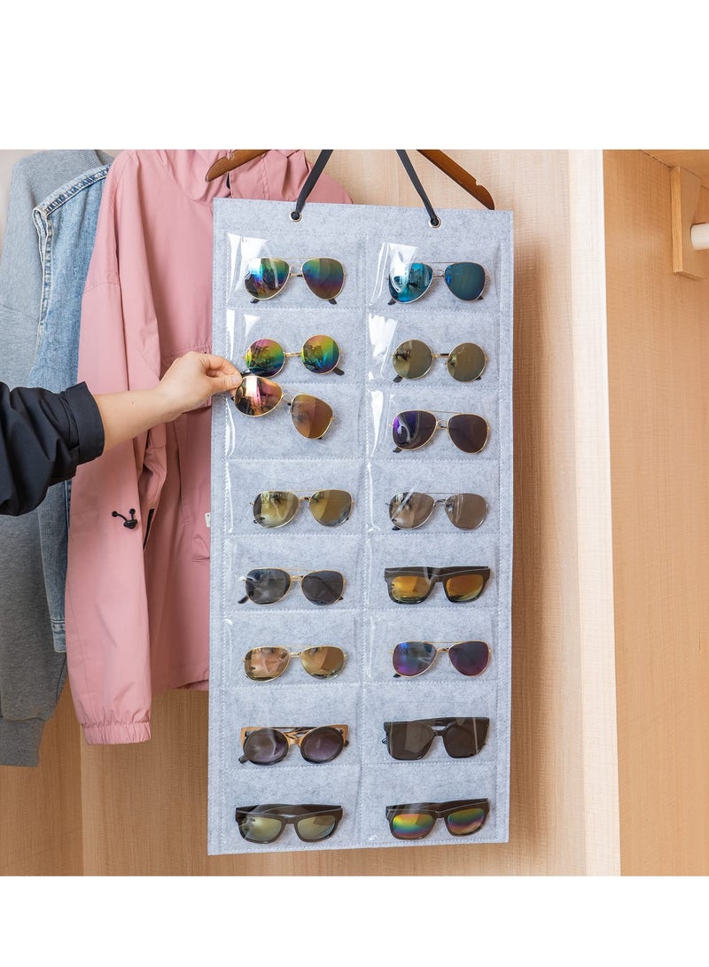 Sunglasses Organizer, Sunglasses Storage Bag, Hanging Sunglass Holder, Hanging Dust Proof Wall Pocket Glasses Organizer, 16 Felt Slots Double Sided Sunglass Organizer Holder 2 Pack
