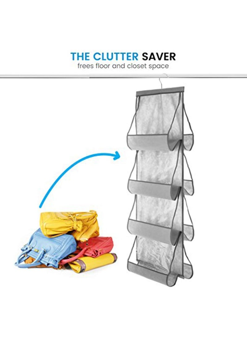 SYOSI Hanging Purse Organizer For Closet Clear Handbag Organizer For Purses, Handbags Etc. 8 Easy Access Clear Vinyl Pockets With 360 Degree Swivel Hook, Gray, 48” L x 13.8” W