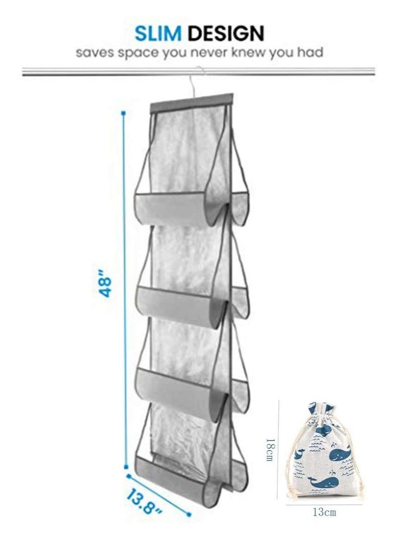 SYOSI Hanging Purse Organizer For Closet Clear Handbag Organizer For Purses, Handbags Etc. 8 Easy Access Clear Vinyl Pockets With 360 Degree Swivel Hook, Gray, 48” L x 13.8” W