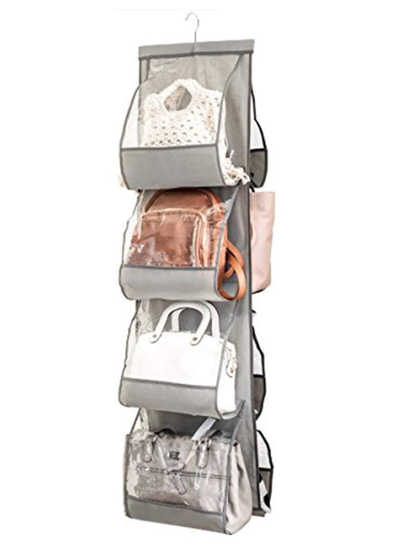SYOSI Hanging Purse Organizer For Closet Clear Handbag Organizer For Purses, Handbags Etc. 8 Easy Access Clear Vinyl Pockets With 360 Degree Swivel Hook, Gray, 48” L x 13.8” W