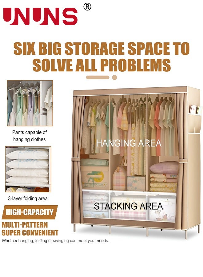 Wardrobe Storage Closet,Fabric Clothes Organizer With Side Pockets,Zipper And Hanging Rail,Foldable Non-Woven Textile Storage Clothing Rack