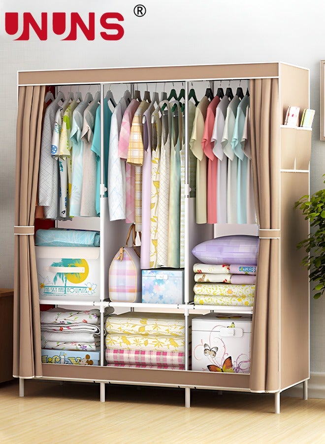 Wardrobe Storage Closet,Fabric Clothes Organizer With Side Pockets,Zipper And Hanging Rail,Foldable Non-Woven Textile Storage Clothing Rack