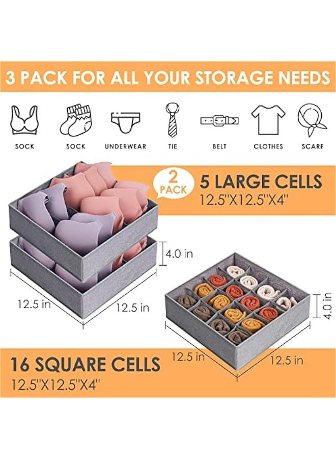 3 Pack Bra Underwear Drawer Organizer Dividers, 26 Cell Fabric Foldable Dresser Closet Organizers and Storage Boxes for Baby Clothes, Bra, Socks, Underwear, Ties