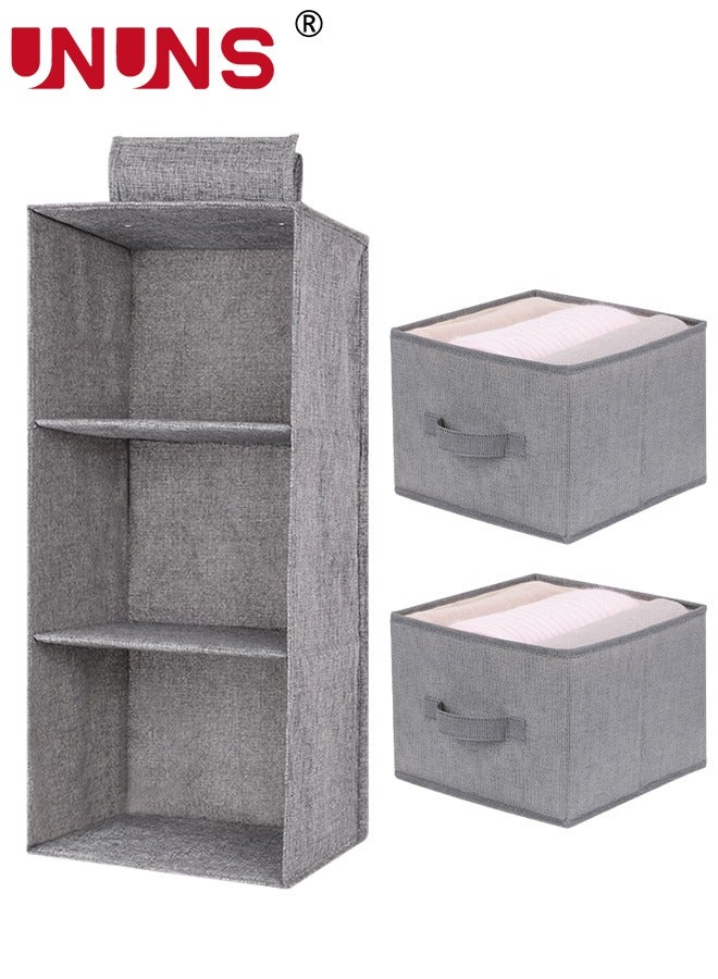 Hanging Closet Organizer Storage Shelves,Wardrobe Storage Hanging Bag,Clothes Organizer Closet Shelf,3 Shelf Closet Storage With 2 Storage Drawers,Classification Closet Storage Organizer,Grey