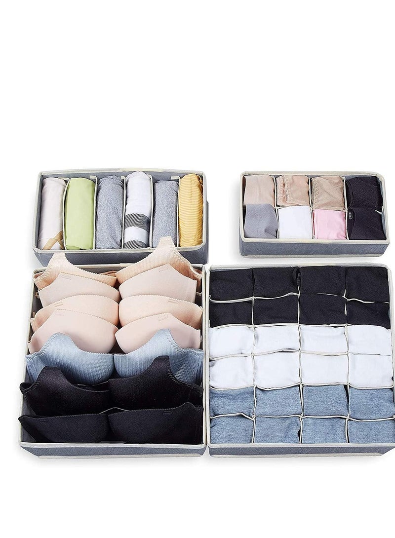 Drawer Organisers for Bra Underwear Fabric Foldable 4 Set Storage Dividers for Tie Belt Scarf Large Tidy Box Bedroom for Closet Grey