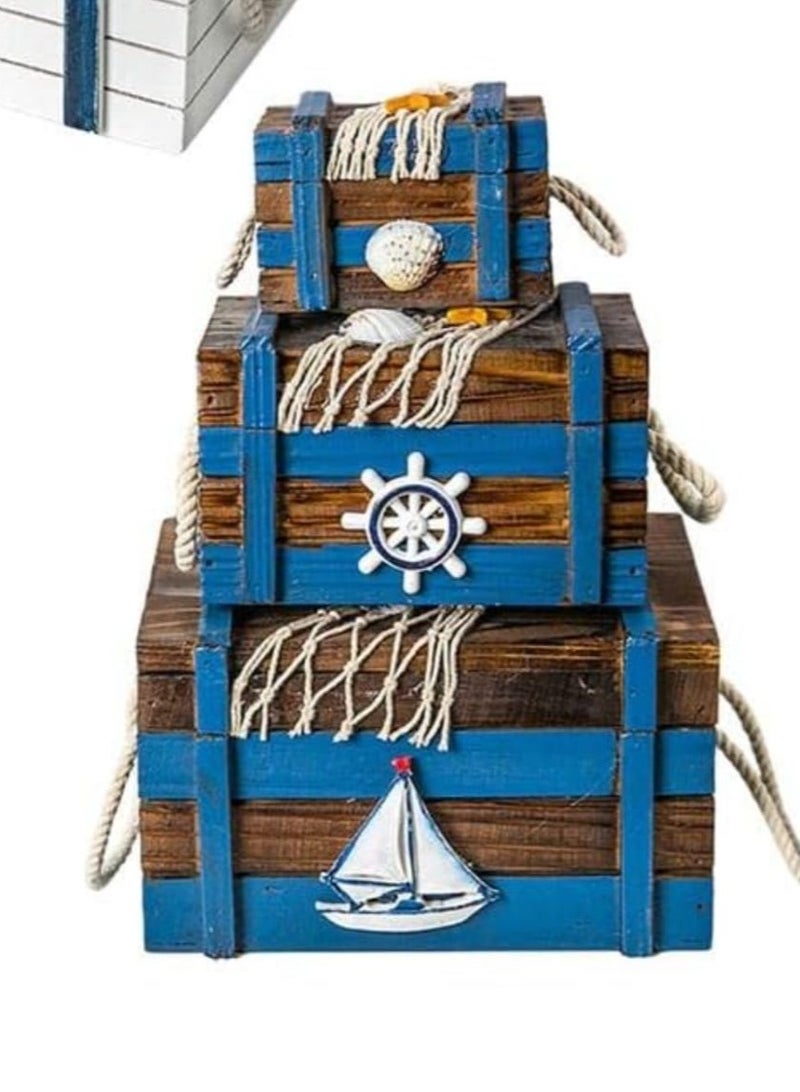 Mediterranean Wooden Treasure Box Home Decor Set, Jewelry Box, Storage Box, 3 in 1 Multi-Functional Box Set for Rustic Home Decor Versatile and Stylish Decorative with Themed Nautica Sailor