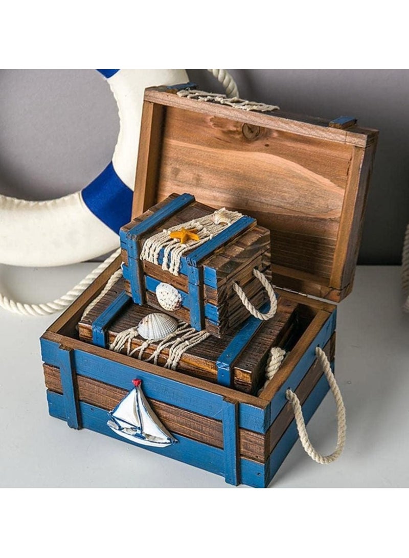 Mediterranean Wooden Treasure Box Home Decor Set, Jewelry Box, Storage Box, 3 in 1 Multi-Functional Box Set for Rustic Home Decor Versatile and Stylish Decorative with Themed Nautica Sailor