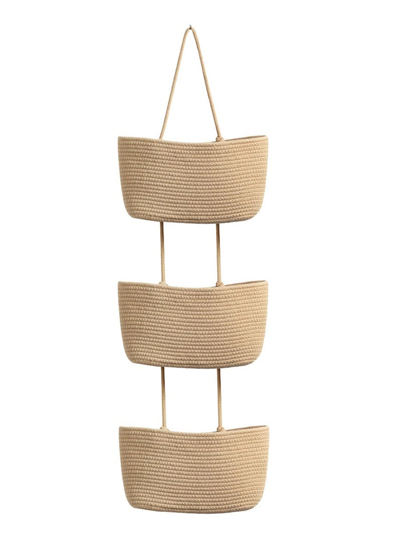 3-Tier Woven Cotton Over the Door Hanging Basket, Decorative Wall-Mounted Storage Organizer Bag for Kitchen, Stylish and Functional Jute Baskets