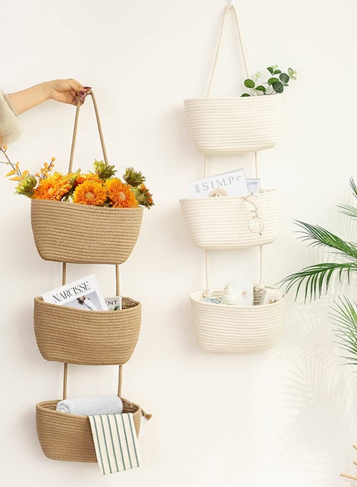 3-Tier Woven Cotton Over the Door Hanging Basket, Decorative Wall-Mounted Storage Organizer Bag for Kitchen, Stylish and Functional Jute Baskets