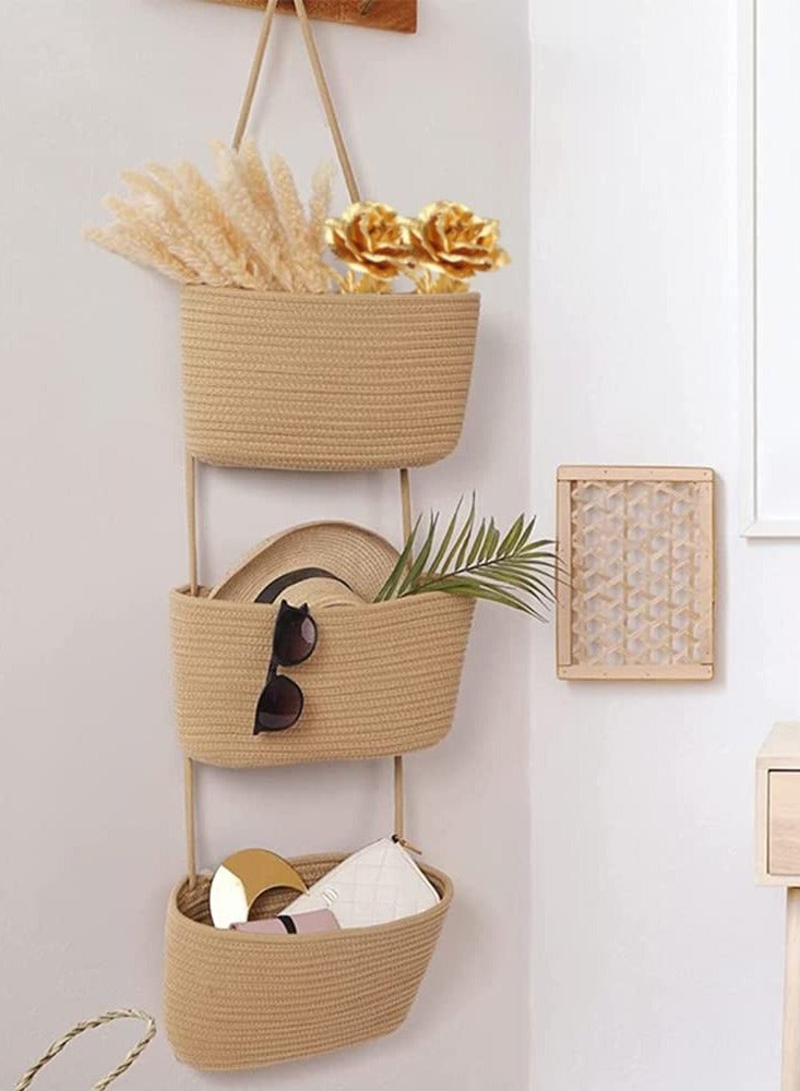 3-Tier Woven Cotton Over the Door Hanging Basket, Decorative Wall-Mounted Storage Organizer Bag for Kitchen, Stylish and Functional Jute Baskets