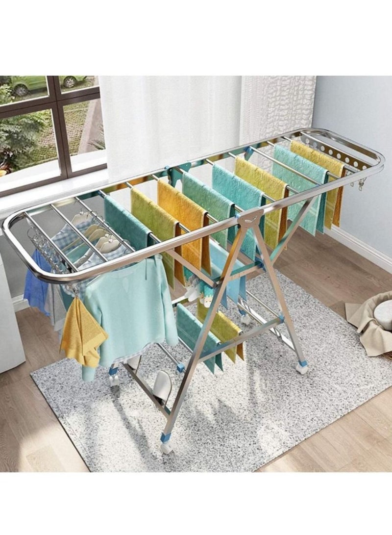 Cloth Drying Stand Rack Clothes Dryer Laundry Hanger Stand Folding 3 Tier 150cm Length with Rolling Wheel Foldable Stable Space Saving for Drying Clothing Indoor and Outdoor